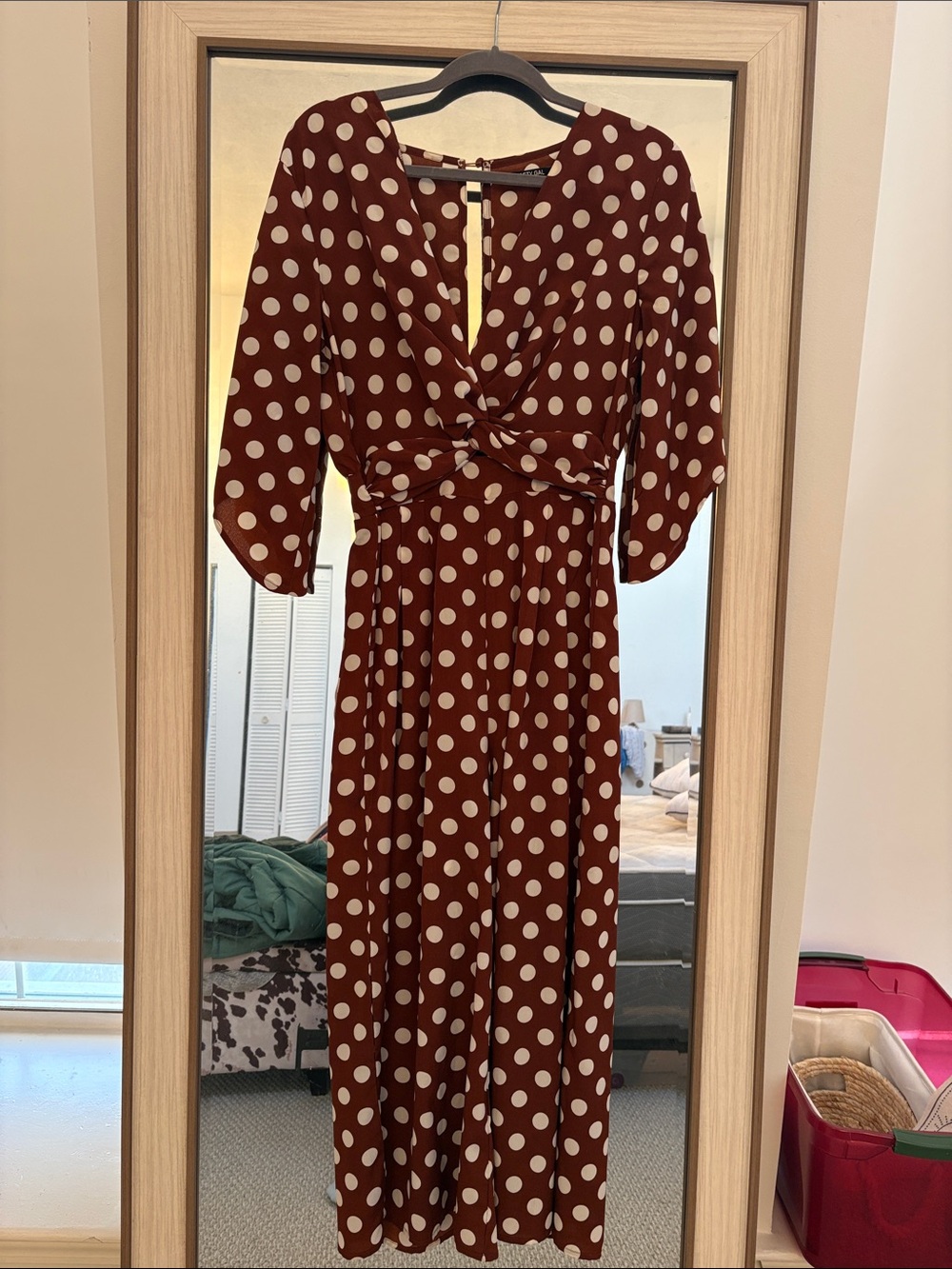 Brown Polka Dot Twist-Front Jump Suit - White Dot